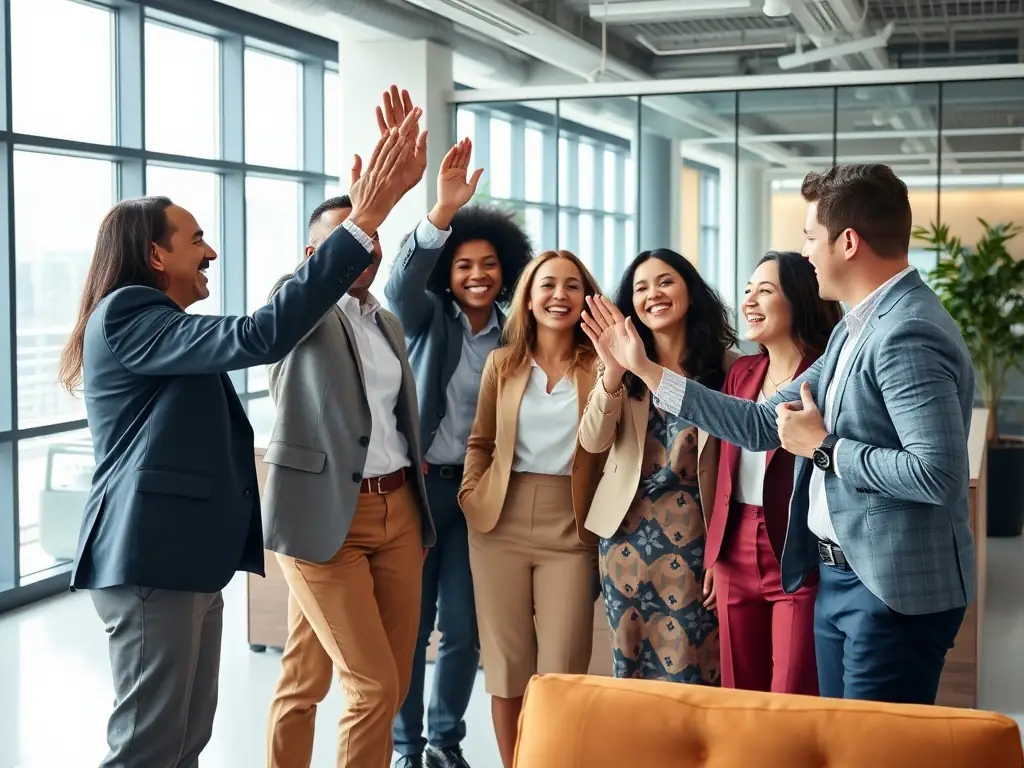 A startup team celebrating a milestone achievement, with confetti and smiles, in a vibrant office environment.