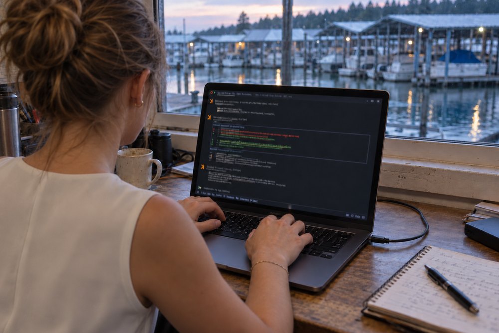 Over the shoulder of a young woman in a sleeveless blouse, hair in a bun, working in a coding-agent terminal on a laptop, in a dock office at dawn with covered boat slips through the window