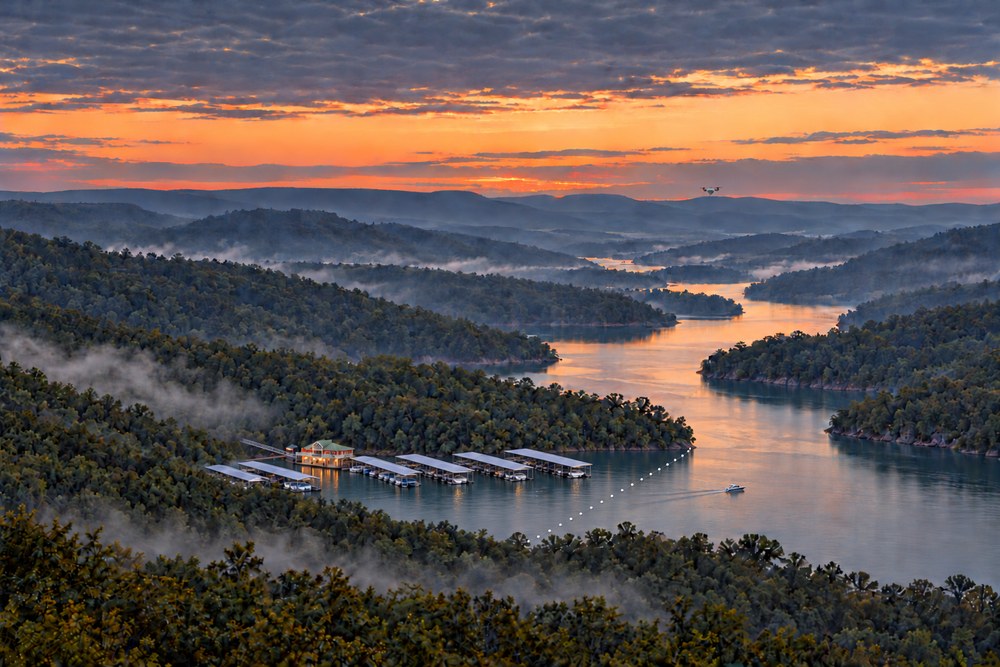 Dawn over a wooded Norris Lake arm with mist in the hollows, Shanghai Resort Marina with its floating store, rows of covered slips and a buoy line in a cove, a bowrider under way and a small drone in the sky